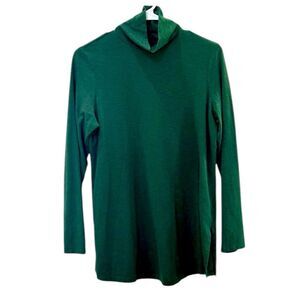 J JILL Small (S) Turtleneck Tunic Knit Top Side Slits Cotton Blend Emerald Green